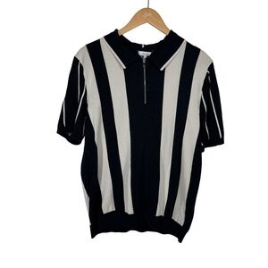 Reiss Black and White Vertical Stripe Polo Zip Sweater